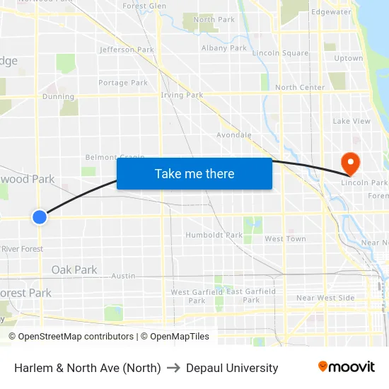 Harlem & North Ave (North) to Depaul University map