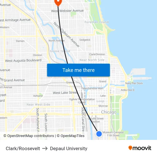 Clark/Roosevelt to Depaul University map