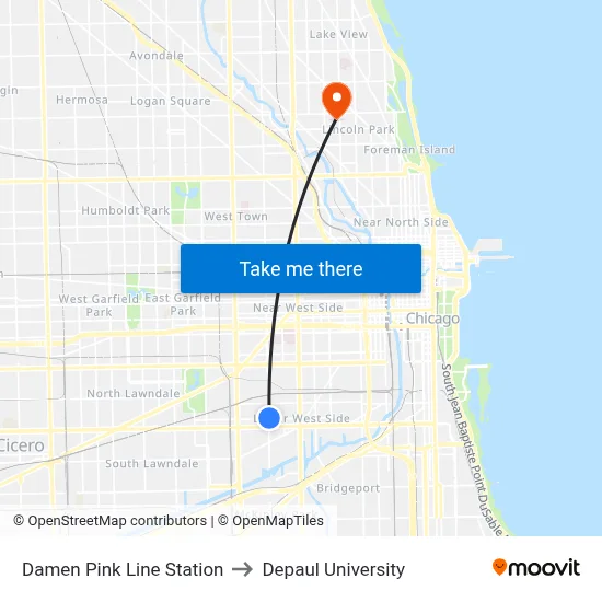 Damen Pink Line Station to Depaul University map