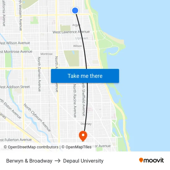 Berwyn & Broadway to Depaul University map