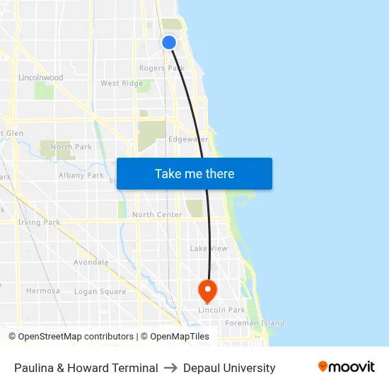 Paulina & Howard Terminal to Depaul University map