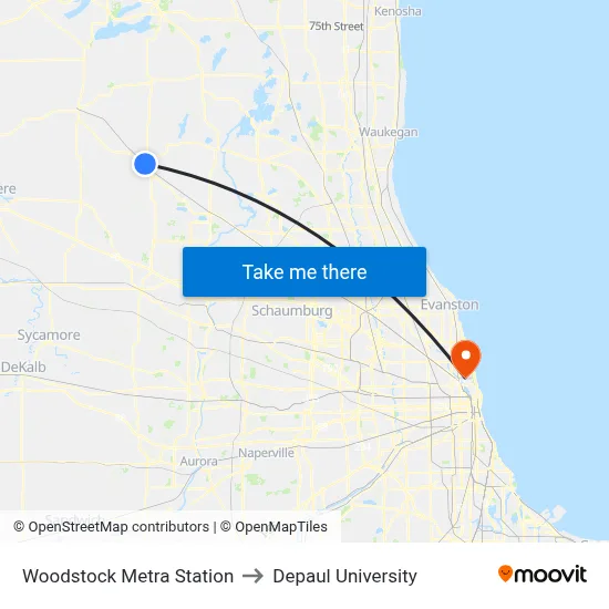 Woodstock Metra Station to Depaul University map