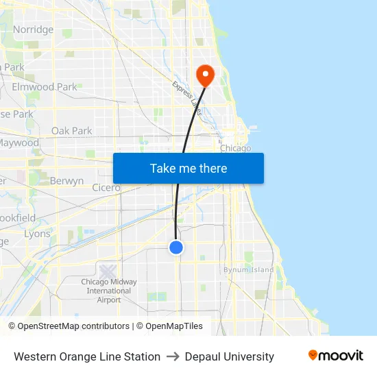 Western Orange Line Station to Depaul University map