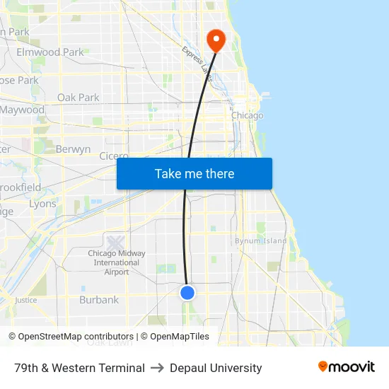 79th & Western Terminal to Depaul University map