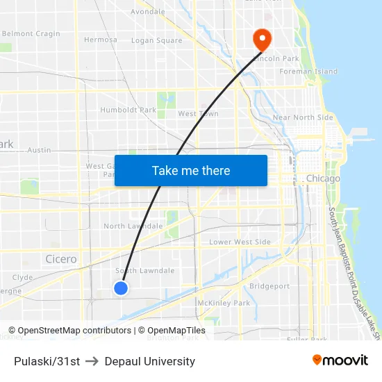 Pulaski/31st to Depaul University map