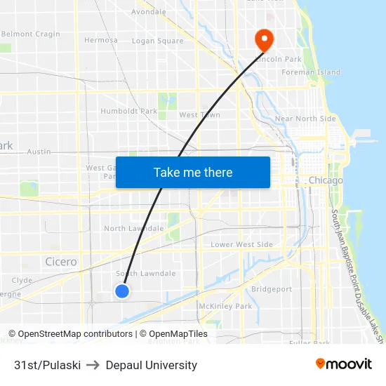31st/Pulaski to Depaul University map