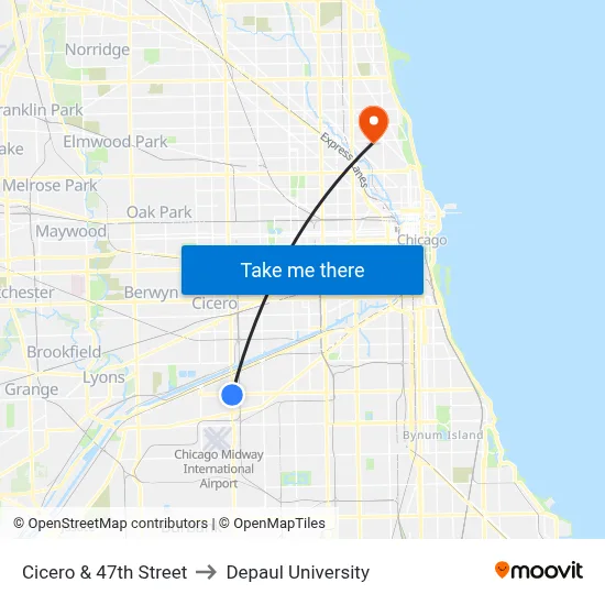 Cicero & 47th Street to Depaul University map