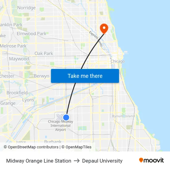 Midway Orange Line Station to Depaul University map