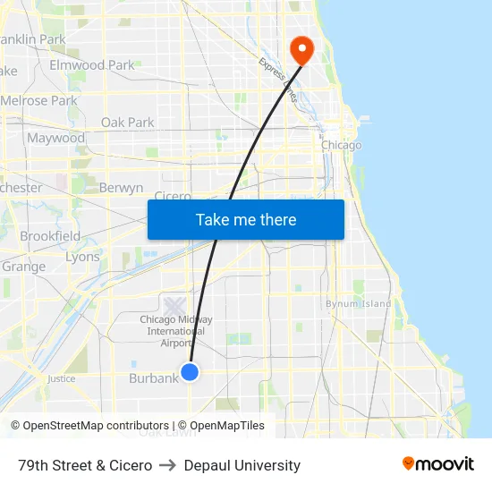 79th Street & Cicero to Depaul University map