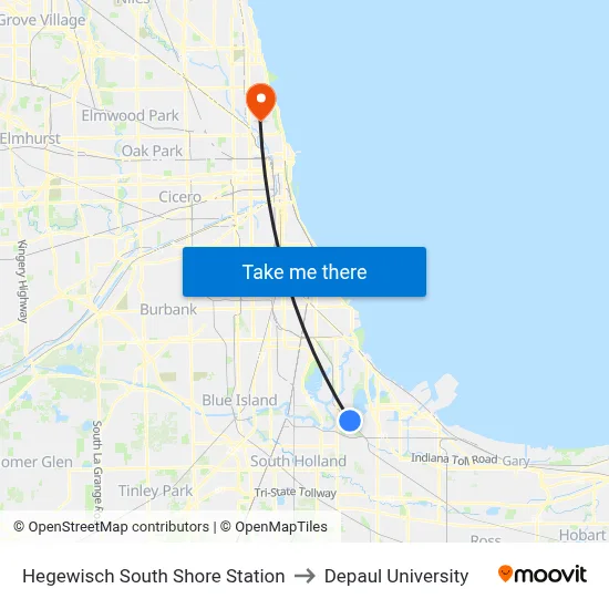 Hegewisch South Shore Station to Depaul University map