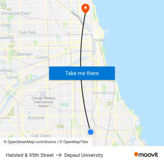 Halsted & 95th Street to Depaul University map
