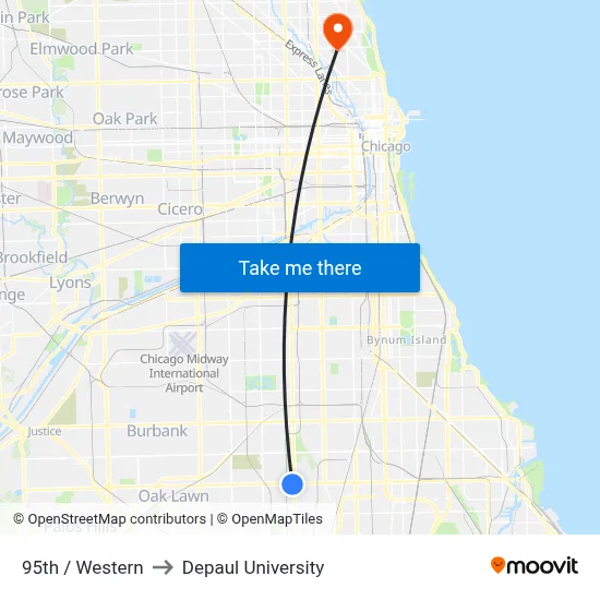 95th / Western to Depaul University map