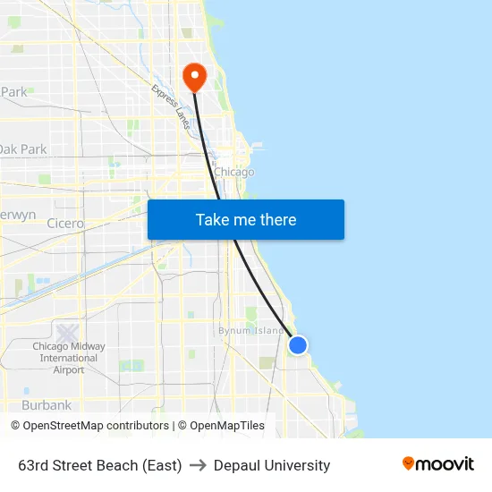 63rd Street Beach (East) to Depaul University map