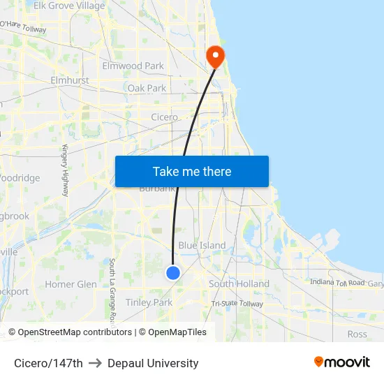Cicero/147th to Depaul University map