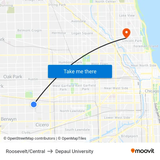 Roosevelt/Central to Depaul University map