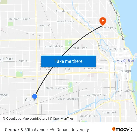 Cermak & 50th Avenue to Depaul University map