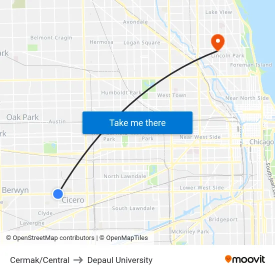 Cermak/Central to Depaul University map