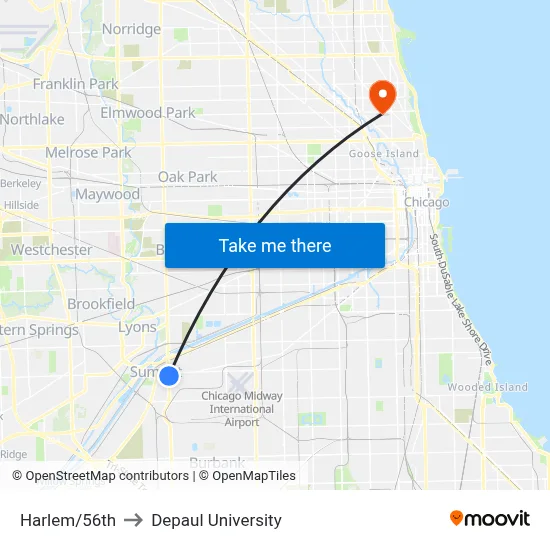 Harlem/56th to Depaul University map