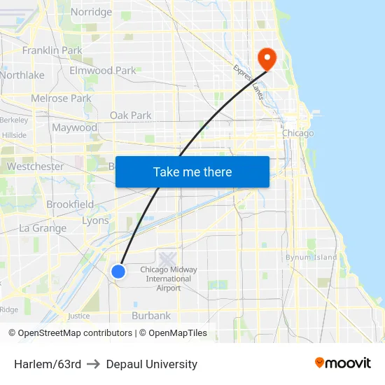 Harlem/63rd to Depaul University map