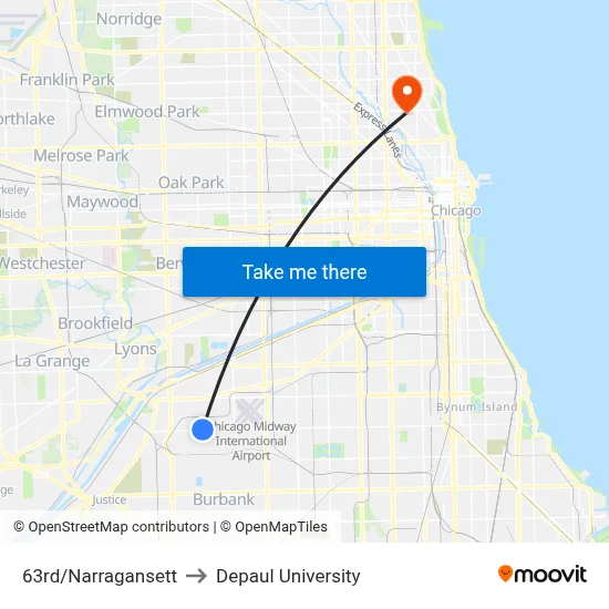 63rd/Narragansett to Depaul University map