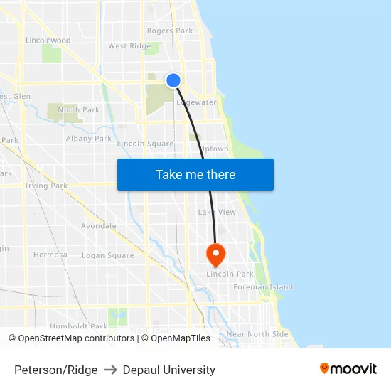Peterson/Ridge to Depaul University map