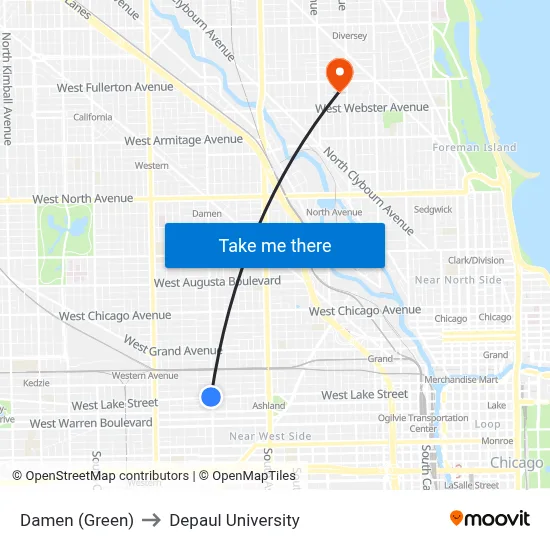 Damen (Green) to Depaul University map