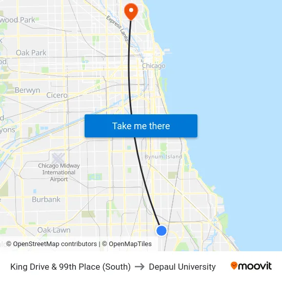 King Drive & 99th Place (South) to Depaul University map