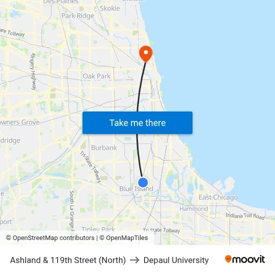 Ashland & 119th Street (North) to Depaul University map