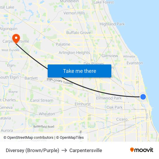 Diversey (Brown/Purple) to Carpentersville map