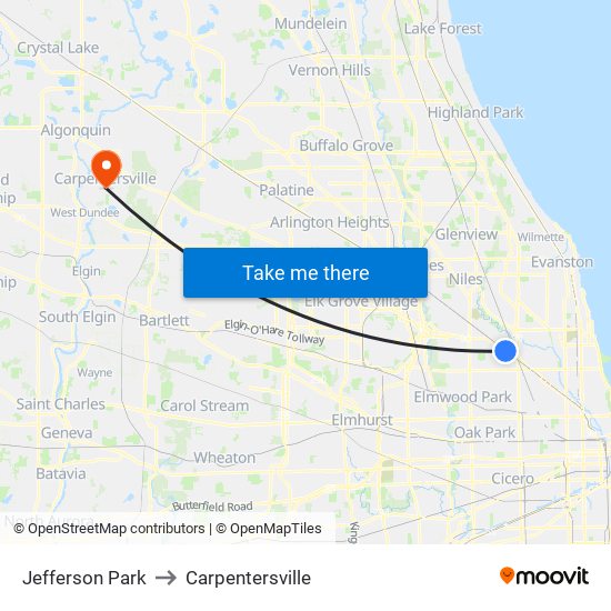 Jefferson Park to Carpentersville map