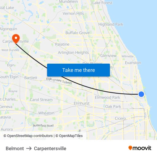 Belmont to Carpentersville map