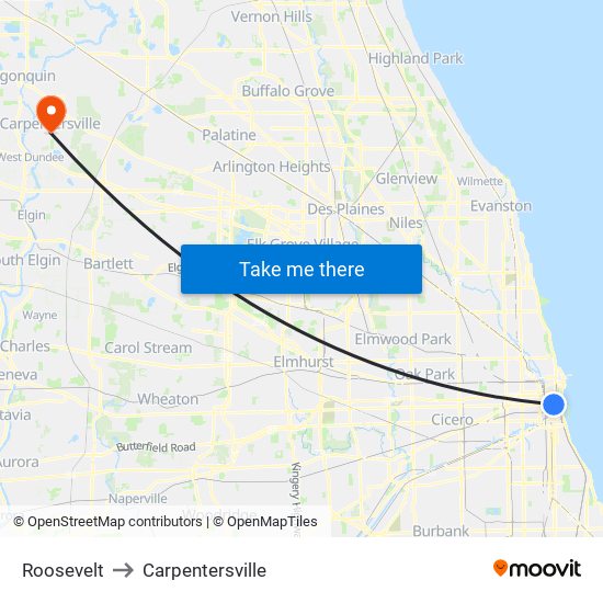 Roosevelt to Carpentersville map