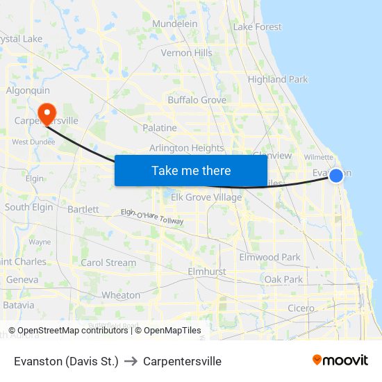 Evanston (Davis St.) to Carpentersville map