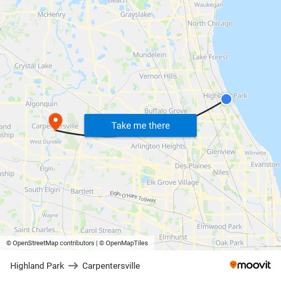 Highland Park to Carpentersville map