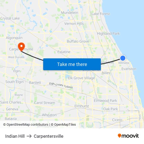 Indian Hill to Carpentersville map