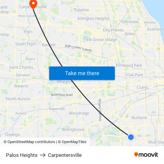 Palos Heights to Carpentersville map