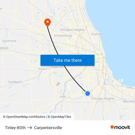 Tinley-80th to Carpentersville map