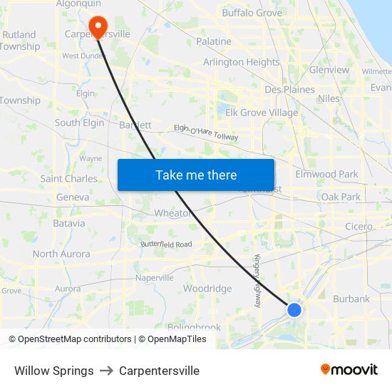 Willow Springs to Carpentersville map