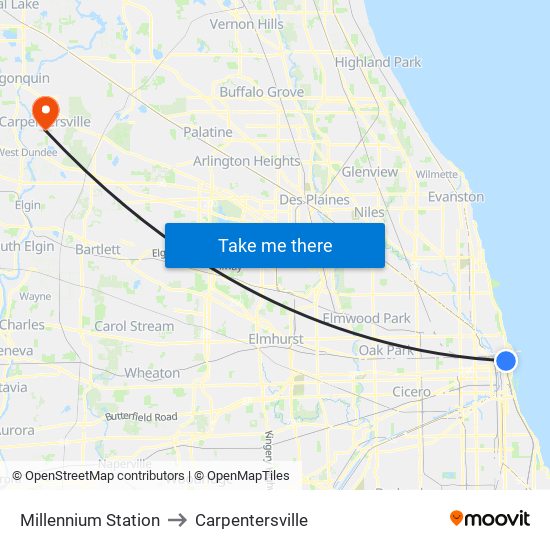 Millennium Station to Carpentersville map