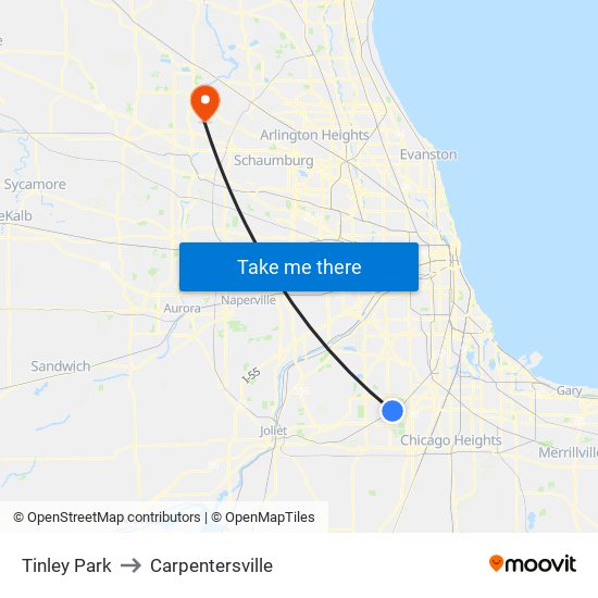 Tinley Park to Carpentersville map