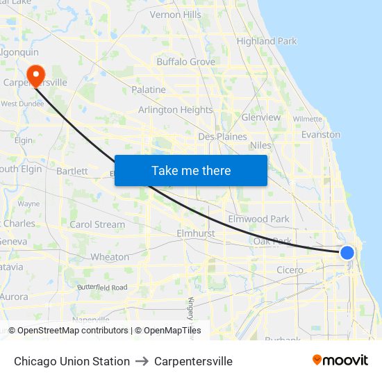 Chicago Union Station to Carpentersville map