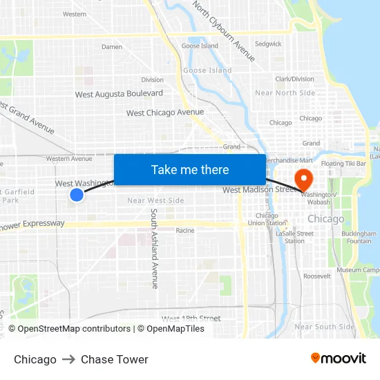 Chicago to Chase Tower map