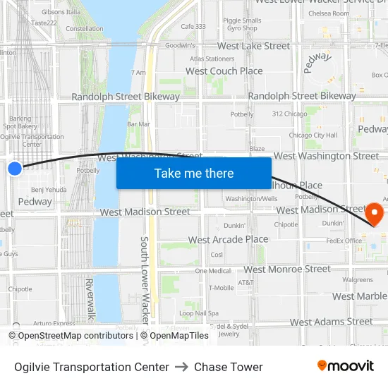 Ogilvie Transportation Center to Chase Tower map