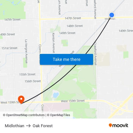 Midlothian to Oak Forest map