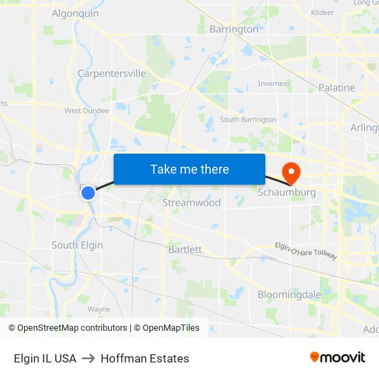 Elgin IL USA to Hoffman Estates map