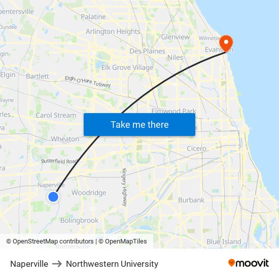 Naperville to Northwestern University map