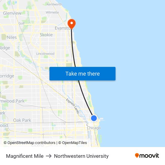 Magnificent Mile to Northwestern University map