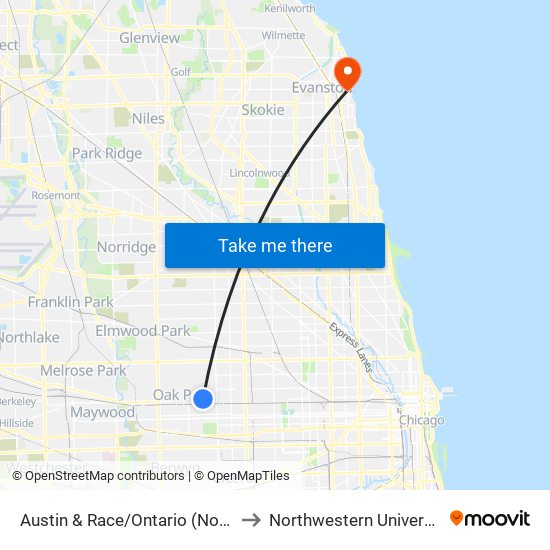 Austin & Race/Ontario (North) to Northwestern University map