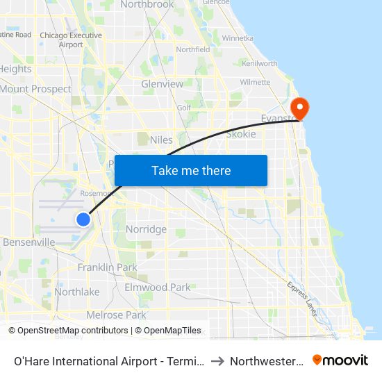 O'Hare International Airport - Terminal 5 Arrivals/Departures to Northwestern University map