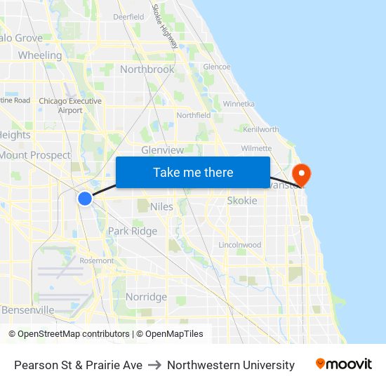 Pearson St & Prairie Ave to Northwestern University map